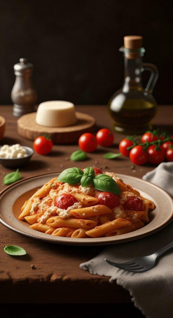 Creamy tomato ricotta pasta plated in a cozy home kitchen setting with fresh basil and cheese, on a rustic wooden table with ingredients around, emphasizing a warm dinner scene.
