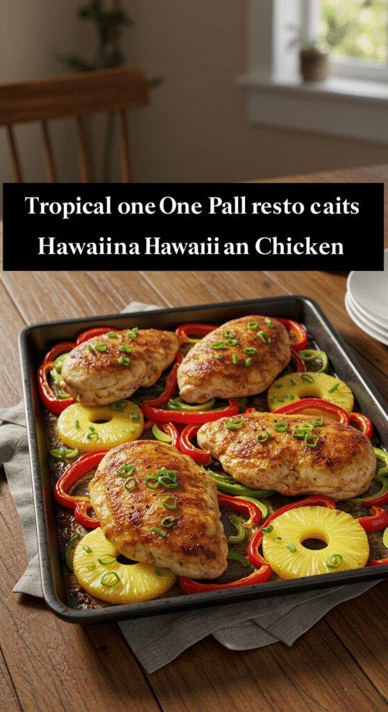 A realistic image of Tropical One-Pan Hawaiian Chicken plated on a wooden table in a cozy home setting, featuring baked chicken breasts topped with pineapple slices, red bell peppers, and green onions, with colorful sides and warm lighting, showcasing a vibrant and appetizing sheet pan dinner.