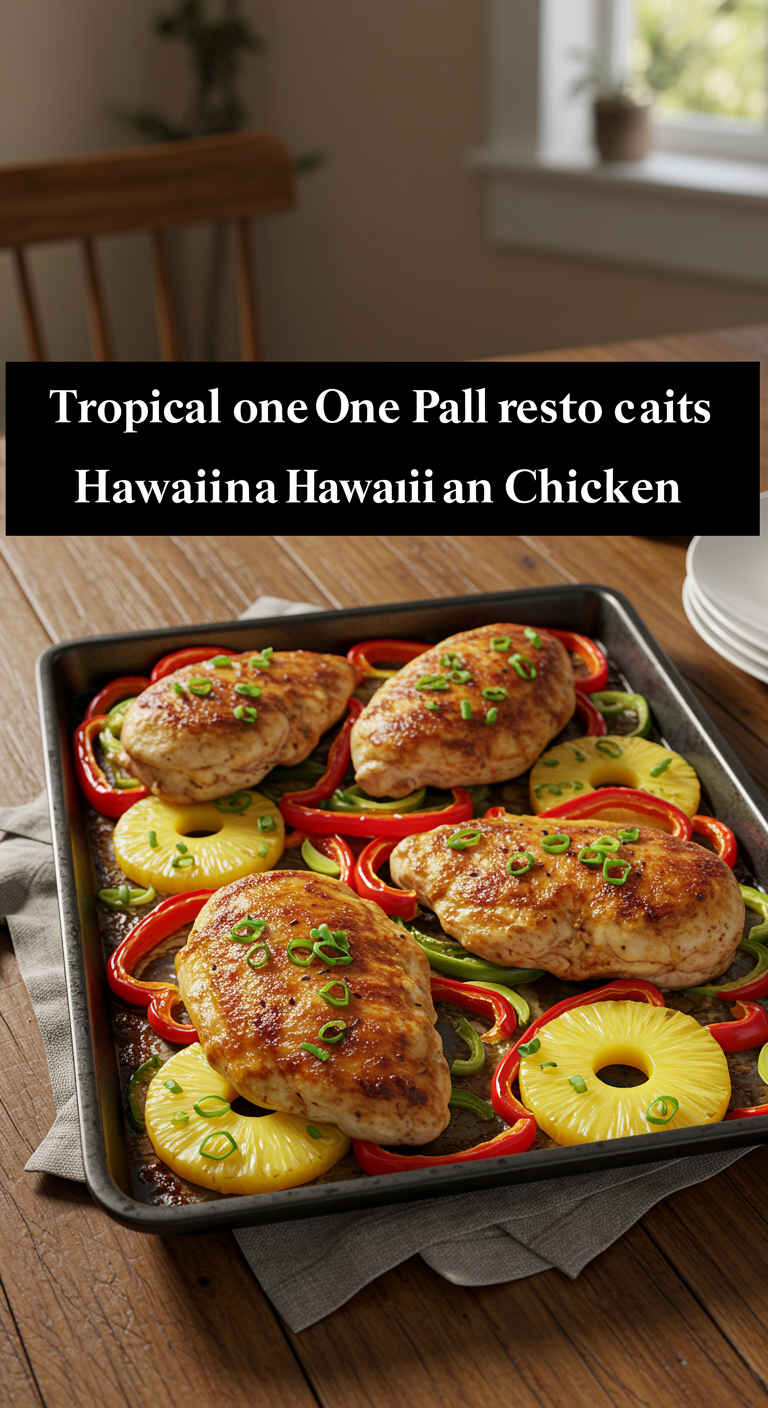 A realistic image of Tropical One-Pan Hawaiian Chicken plated on a wooden table in a cozy home setting, featuring baked chicken breasts topped with pineapple slices, red bell peppers, and green onions, with colorful sides and warm lighting, showcasing a vibrant and appetizing sheet pan dinner.