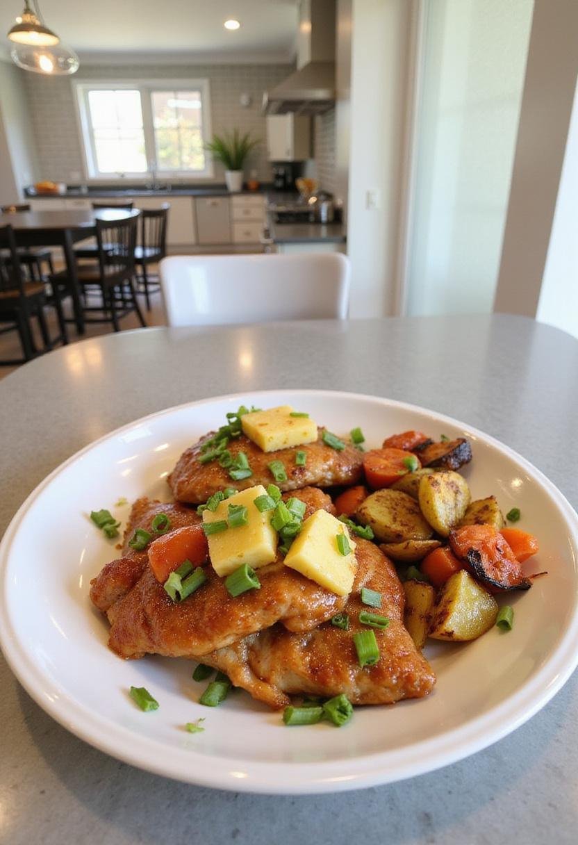 A realistic image of Tropical One-Pan Hawaiian Chicken served on a plate in a modern kitchen setting, with baked chicken topped with pineapple slices, garnished with green onions, and served alongside colorful roasted vegetables, emphasizing a vibrant and appetizing home-cooked dish.