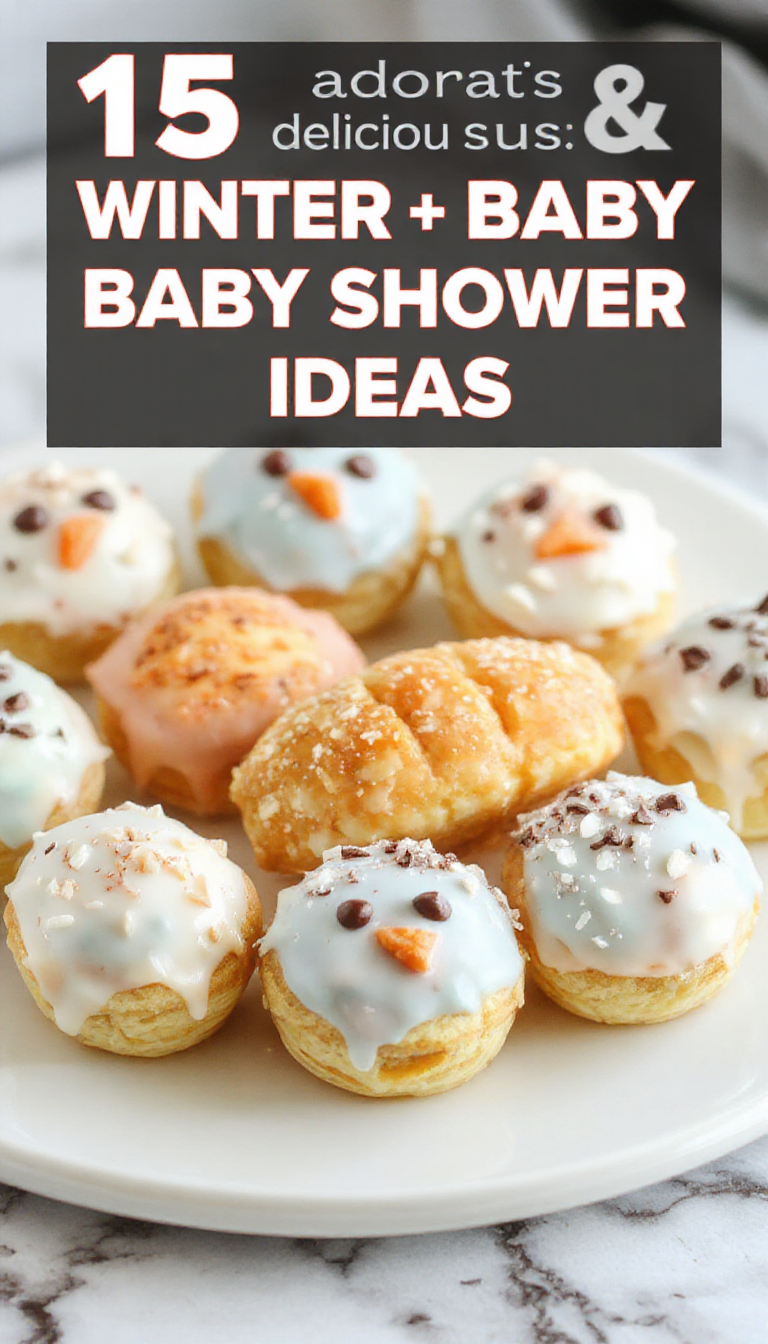 A vibrant display of 15 adorable and delicious winter baby shower foods, including mini sandwiches, colorful salads, and sweet treats, all decorated with winter-themed accents.