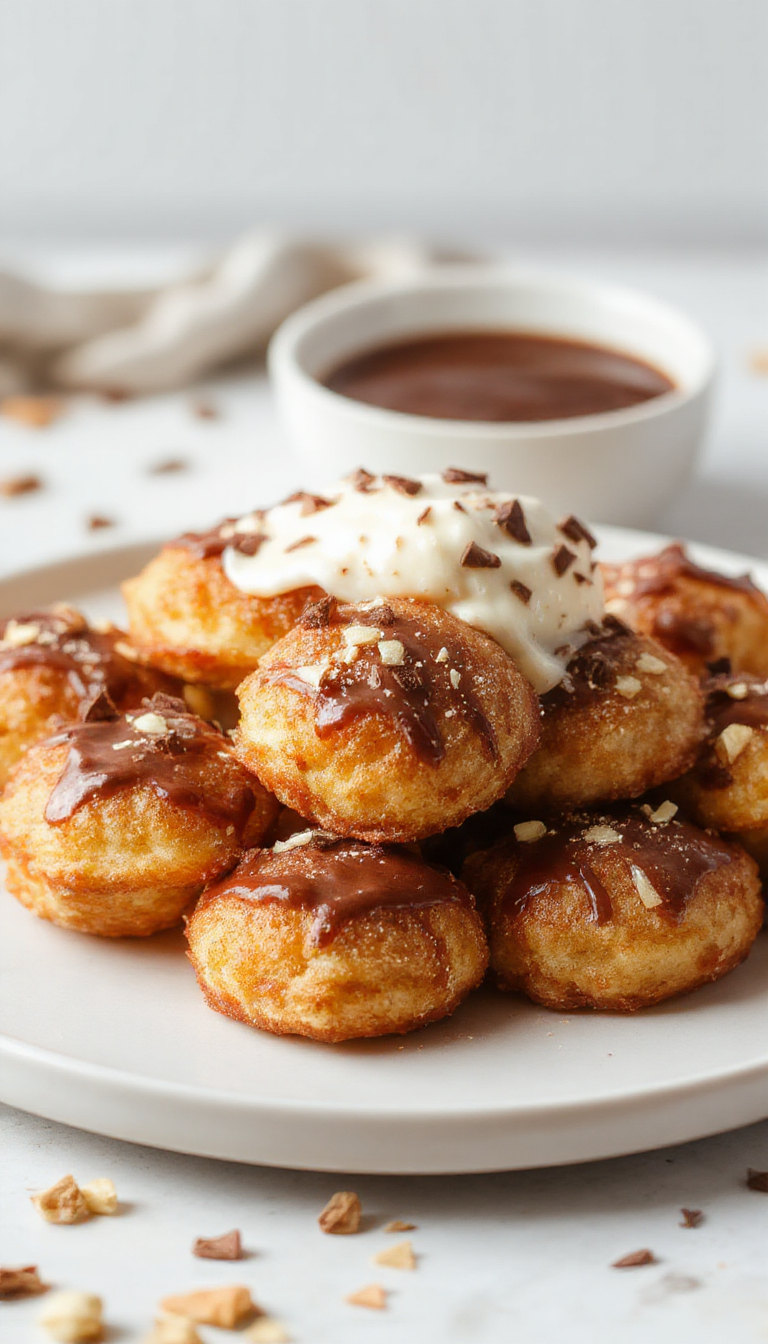 Golden crispy air fryer churro bites sprinkled with cinnamon sugar, served on a white plate with a side of chocolate dipping sauce.