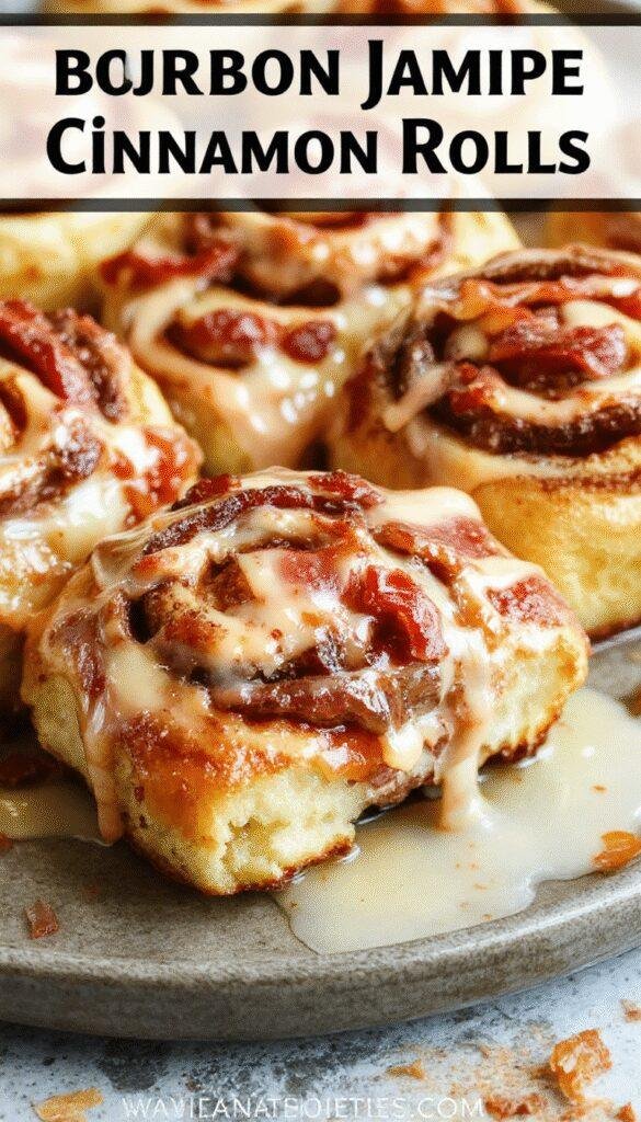 Golden cinnamon rolls topped with crispy bacon, drizzled with syrup, and sprinkled with powdered sugar, garnished with bourbon glaze.