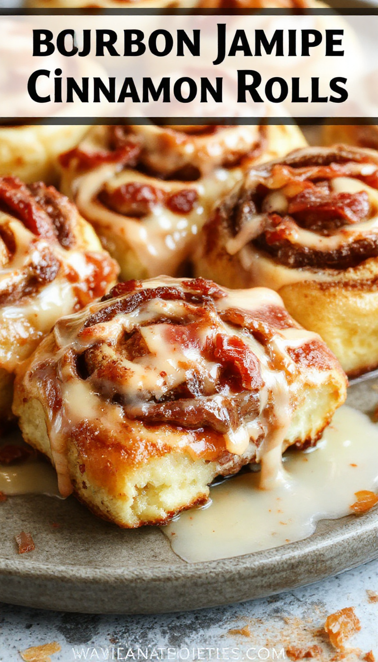 Golden cinnamon rolls topped with crispy bacon, drizzled with syrup, and sprinkled with powdered sugar, garnished with bourbon glaze.