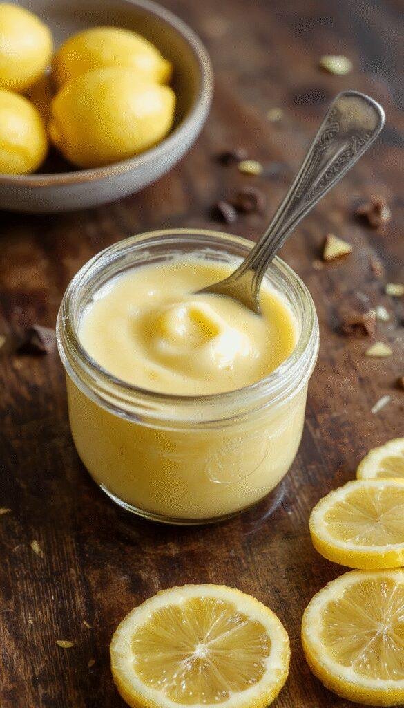 A jar of vibrant yellow lemon curd surrounded by fresh lemons and a spoon, showcasing the bright and creamy Italian dessert spread.