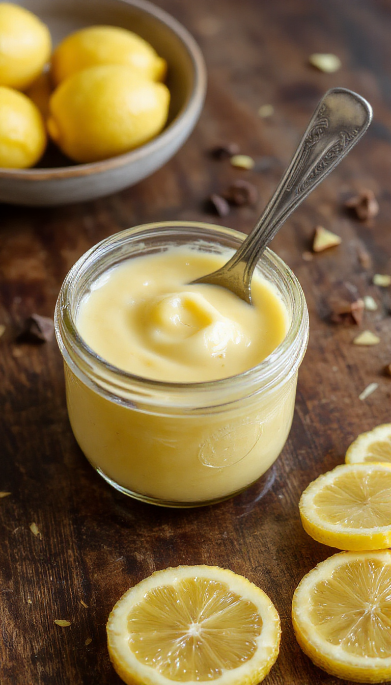 A jar of vibrant yellow lemon curd surrounded by fresh lemons and a spoon, showcasing the bright and creamy Italian dessert spread.