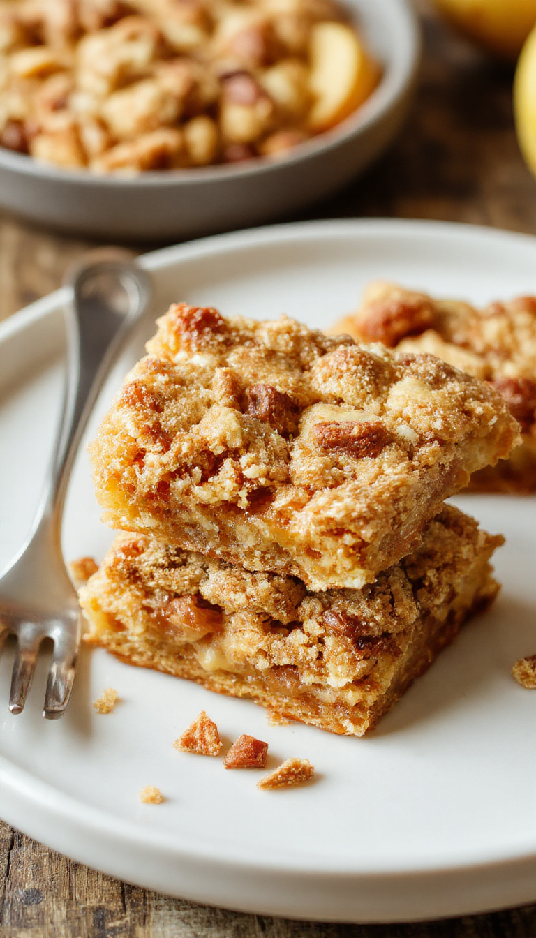 A close-up of Chasety's Easy Apple Crisp Shortbread Bars showing golden-brown crust, spiced apple filling, and buttery shortbread topping, garnished with a dusting of powdered sugar.
