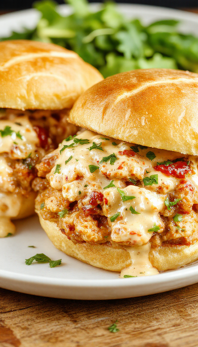 A plate of Creamy Chicken Alfredo Sloppy Joes served on a toasted bun with a side of fresh vegetables and a glass of iced beverage.