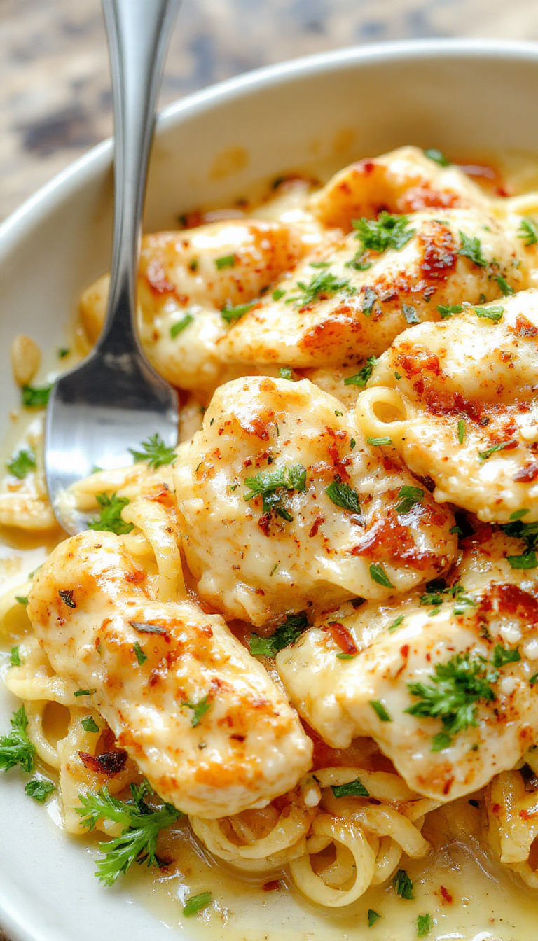 A plate of creamy cowboy butter chicken linguine garnished with fresh herbs, served steaming hot on a rustic wooden table.