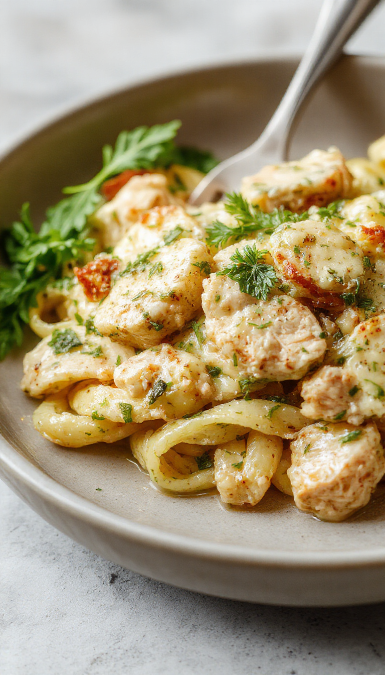 Creamy pesto chicken pasta served on a white plate garnished with fresh basil and grated Parmesan cheese.