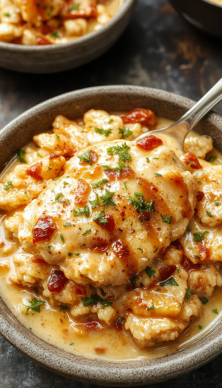 A comforting plate of creamy smothered chicken and rice topped with melted cheese and fresh herbs, served in a rustic bowl.