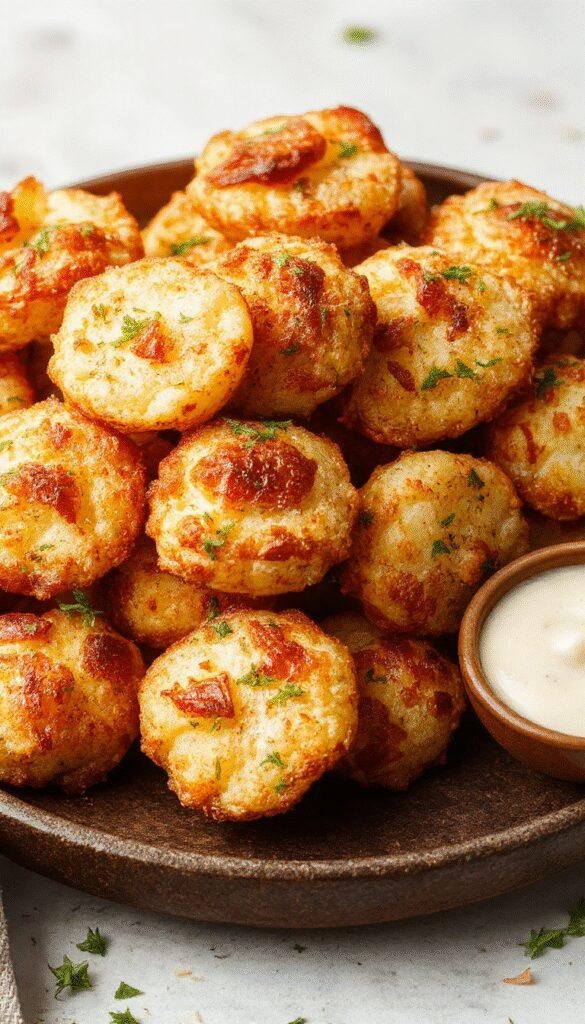 Golden crispy Air Fryer Cheesy Mashed Potato Puffs served on a plate garnished with herbs