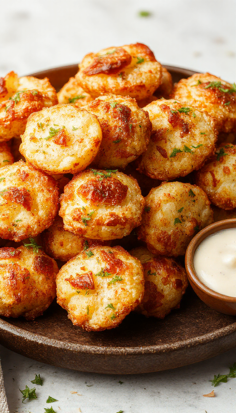 Golden crispy Air Fryer Cheesy Mashed Potato Puffs served on a plate garnished with herbs