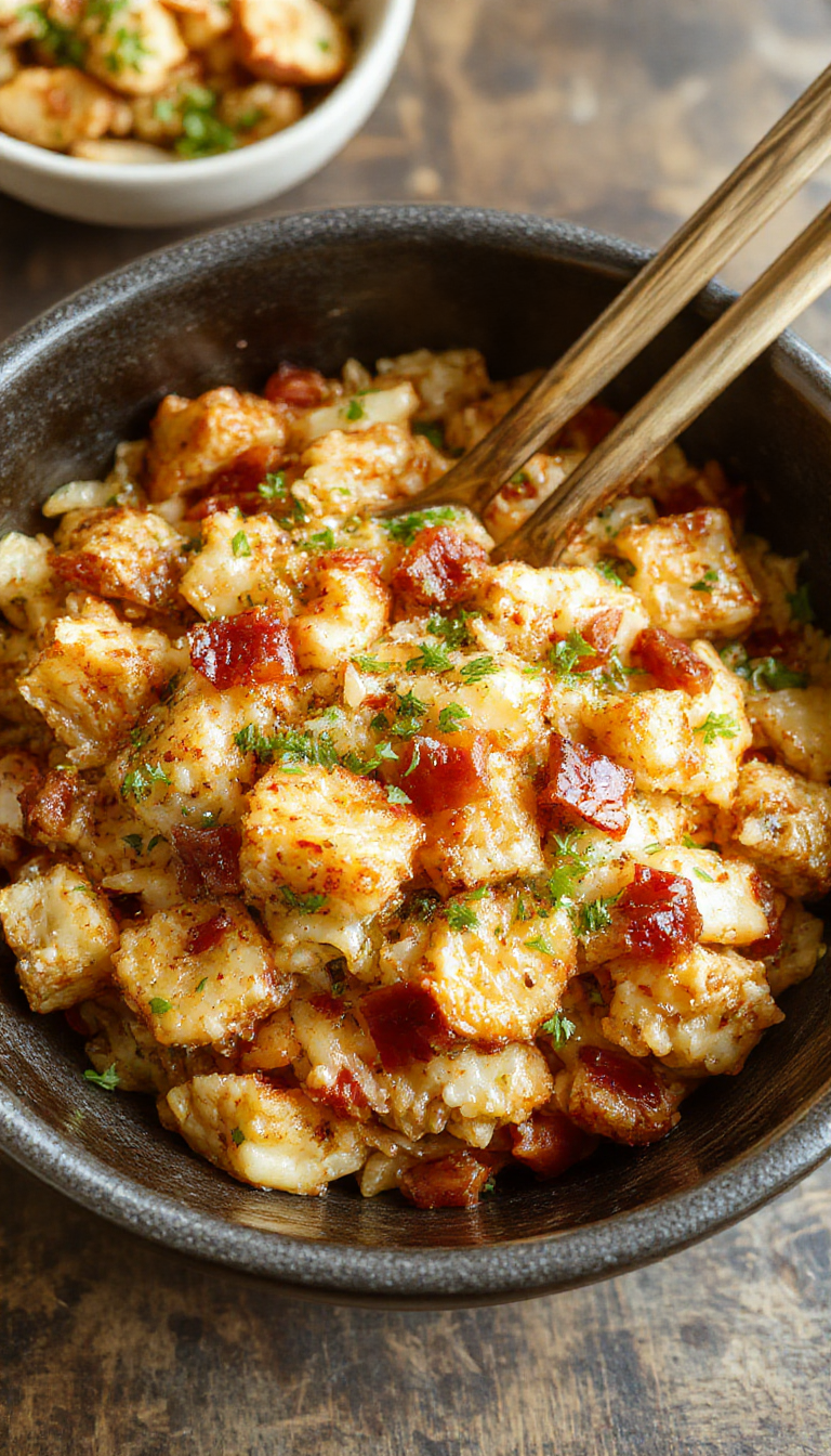 A steaming plate of crispy bacon fried rice garnished with green onions and served in a wok-style bowl