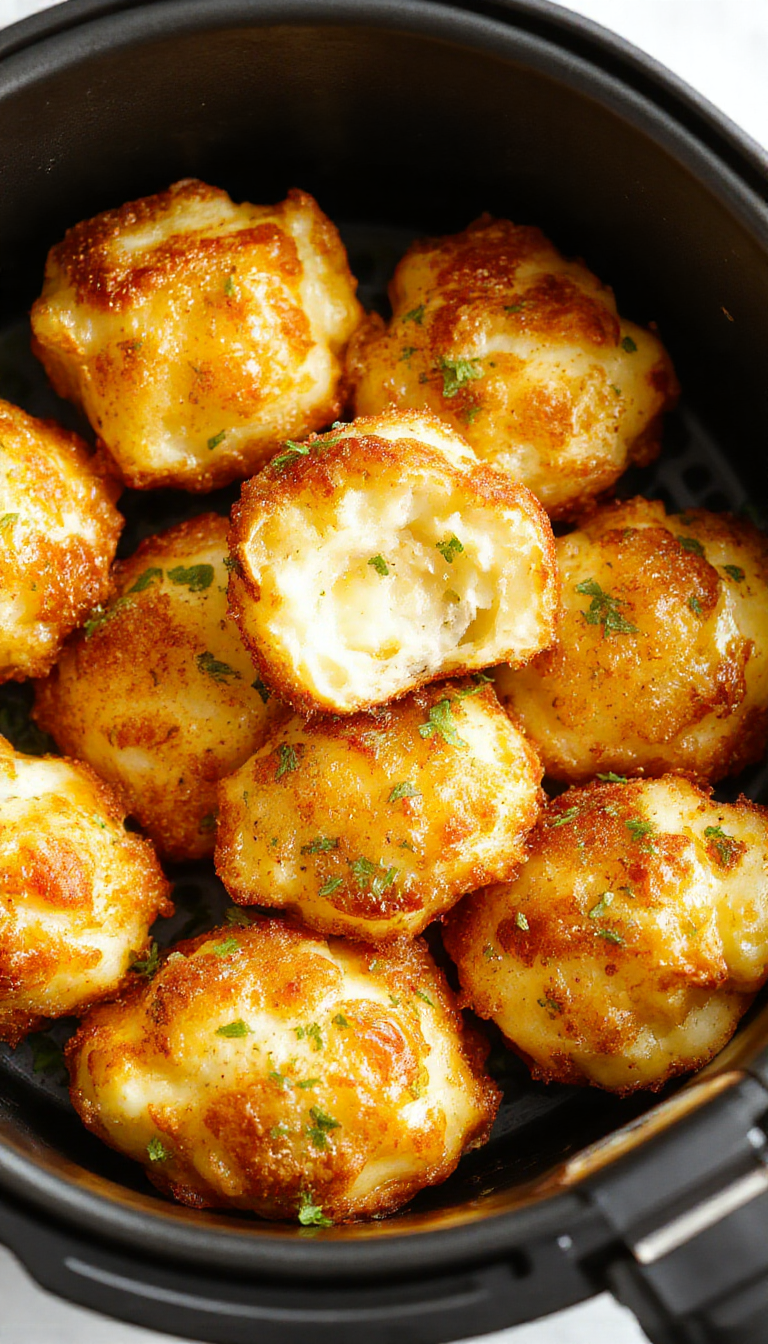 Golden crispy cheesy mashed potato puffs freshly cooked in an air fryer, showcasing their light, airy interior and cheesy exterior.