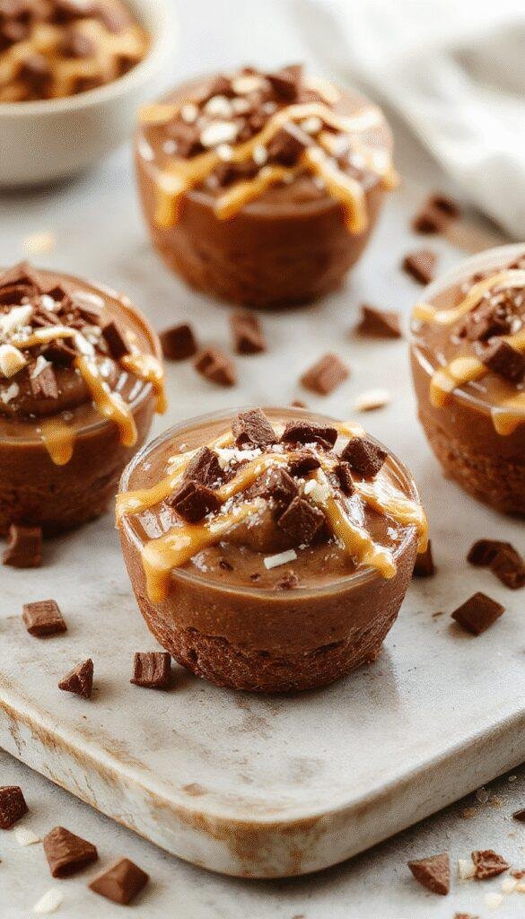 Delicious Decadent No-Bake Salted Caramel Chocolate Mousse Cups presented in small glass cups with caramel drizzle and sea salt on top.