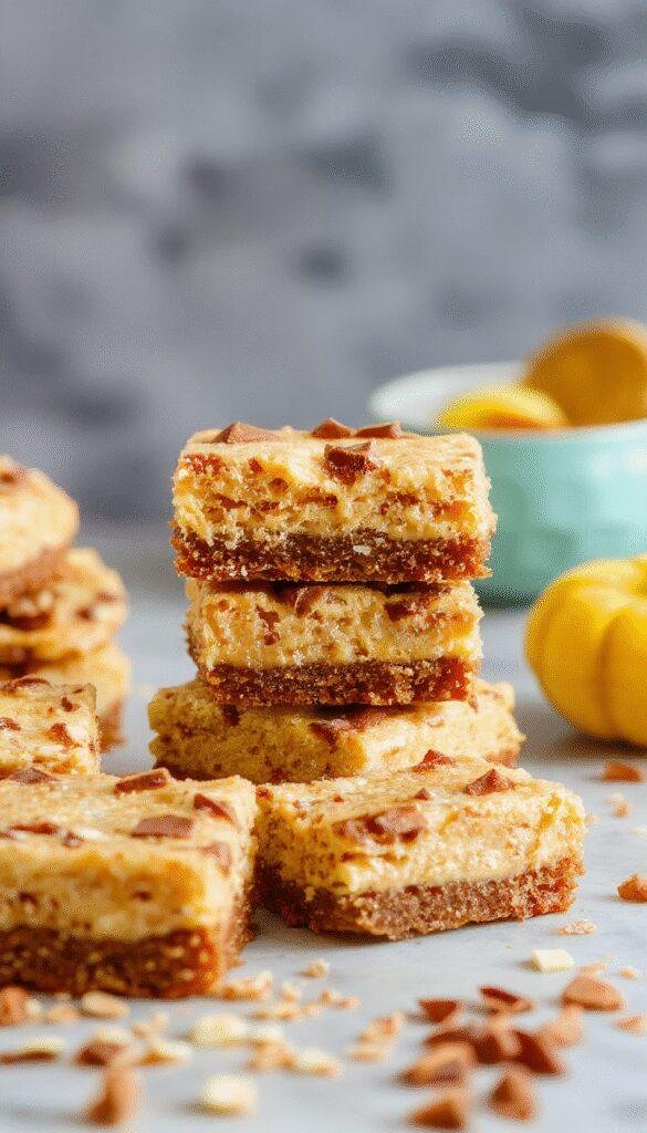 A slice of vegan pumpkin cheesecake bar with a Biscoff crust, topped with whipped coconut cream and a sprinkle of cinnamon on a rustic plate.