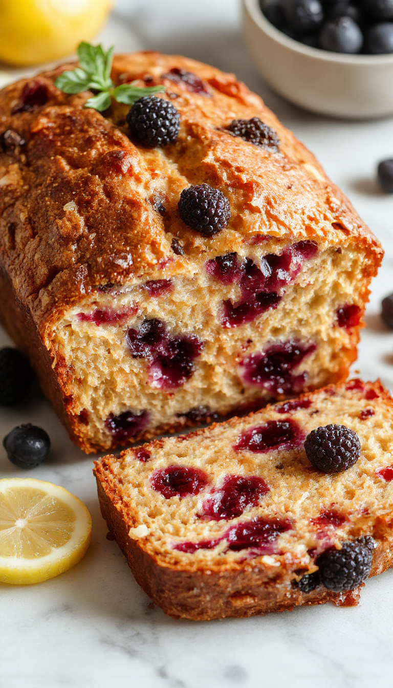 A sliced Lemon Blueberry Yogurt Loaf on a rustic wooden platter, garnished with fresh blueberries and lemon zest, showing its moist and colorful interior.