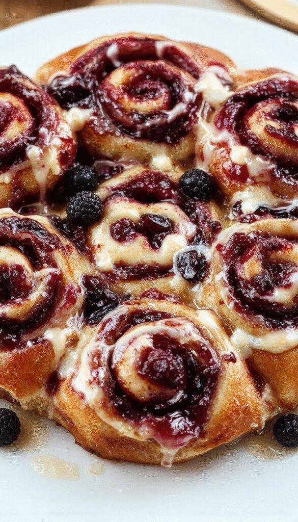 Freshly baked wild blueberry and ricotta sweet buns on a rustic wooden table, showcasing their golden crust and berry-filled interior.