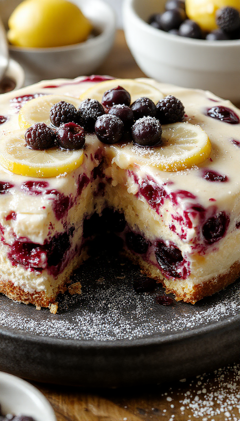 A slice of Dreamy Lemon Blueberry Mousse Cake showcasing layers of blueberry mousse, lemon glaze, and soft sponge cake garnished with fresh blueberries and lemon zest.