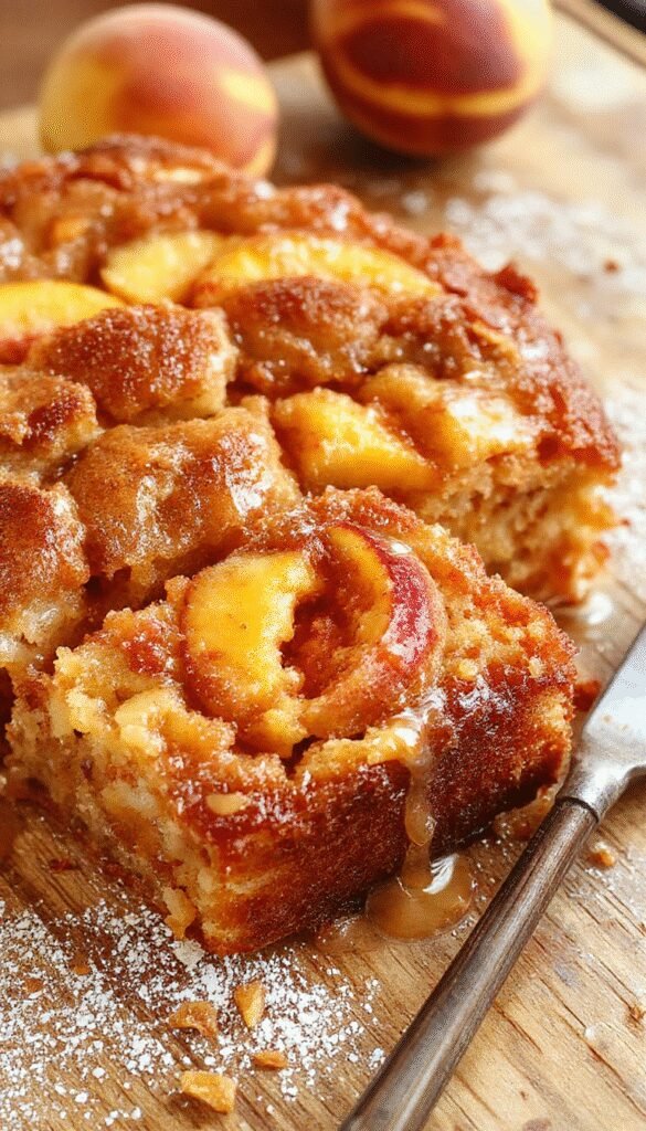 A slice of Easy Brown Sugar Peach Cake showcasing moist layers topped with caramelized peaches and a brown sugar glaze.