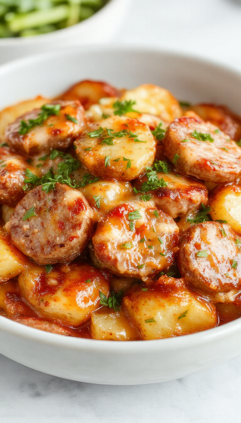 A hearty casserole dish featuring golden roasted potatoes, sliced sausages, melted cheese, and fresh herbs on top, served in a baking dish.