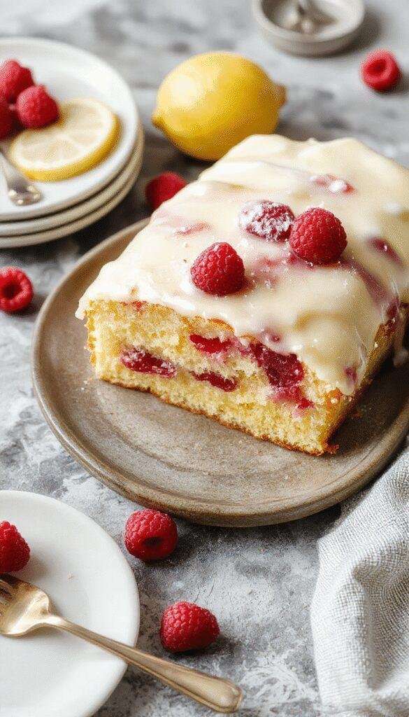 A slice of lemon raspberry cake with bright yellow lemon frosting, fresh raspberries, and lemon slices garnishing the top, placed on a elegant cake stand.
