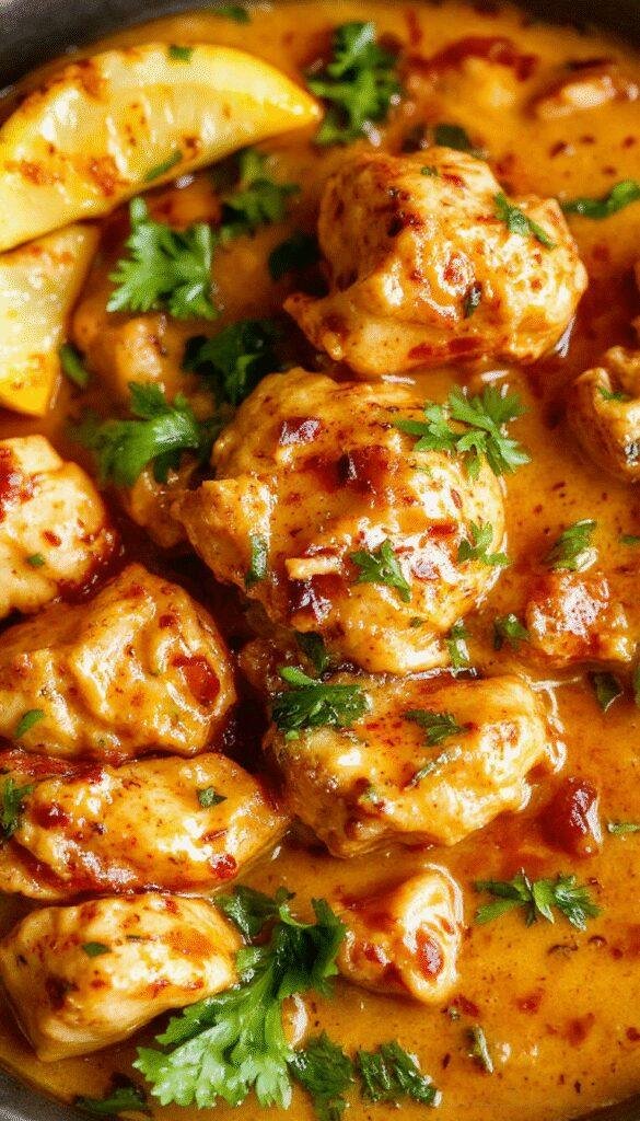 A vibrant plate of homemade butter chicken garnished with fresh cilantro, served alongside steamed rice and naan bread.
