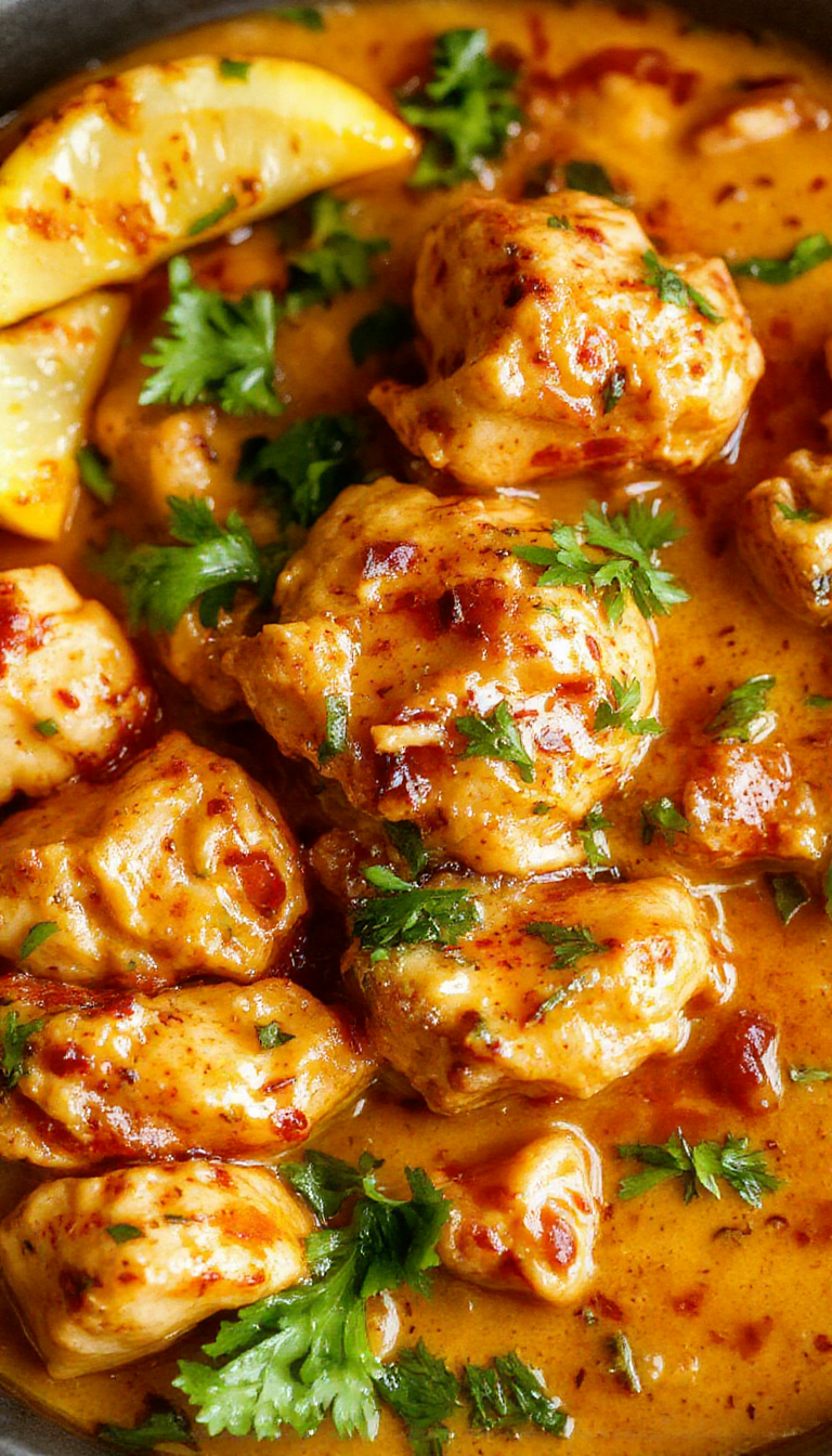 A vibrant plate of homemade butter chicken garnished with fresh cilantro, served alongside steamed rice and naan bread.
