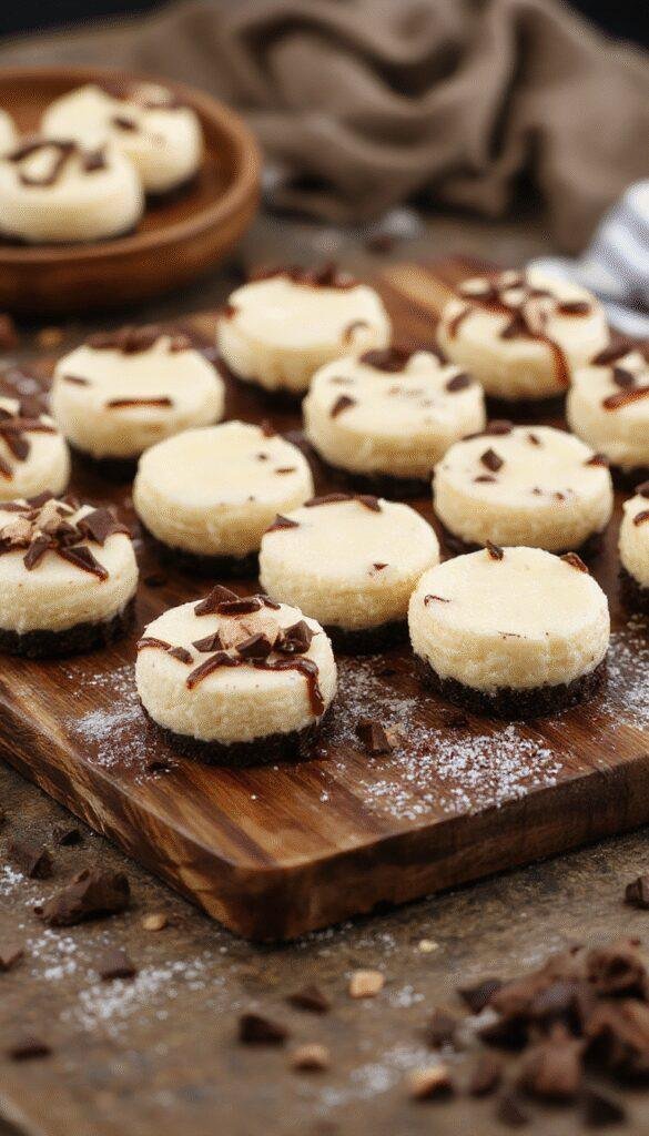 A colorful mini cheesecake board showcasing an assortment of small cheesecakes, fresh berries, and decorative toppings on a wooden platter.