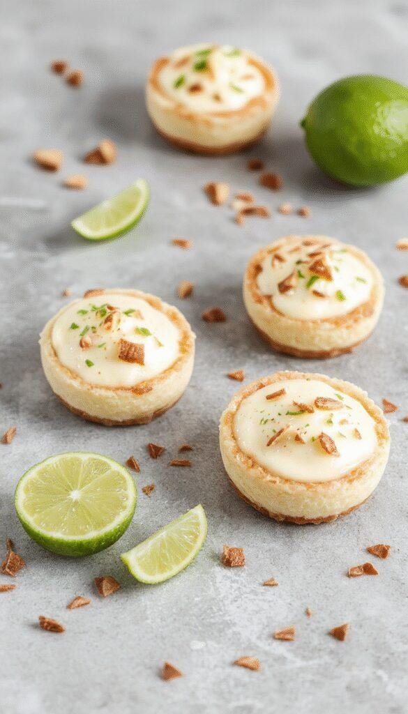 Mini no-bake key lime pies on a decorative plate, topped with lime slices and whipped cream, perfect for summer gatherings