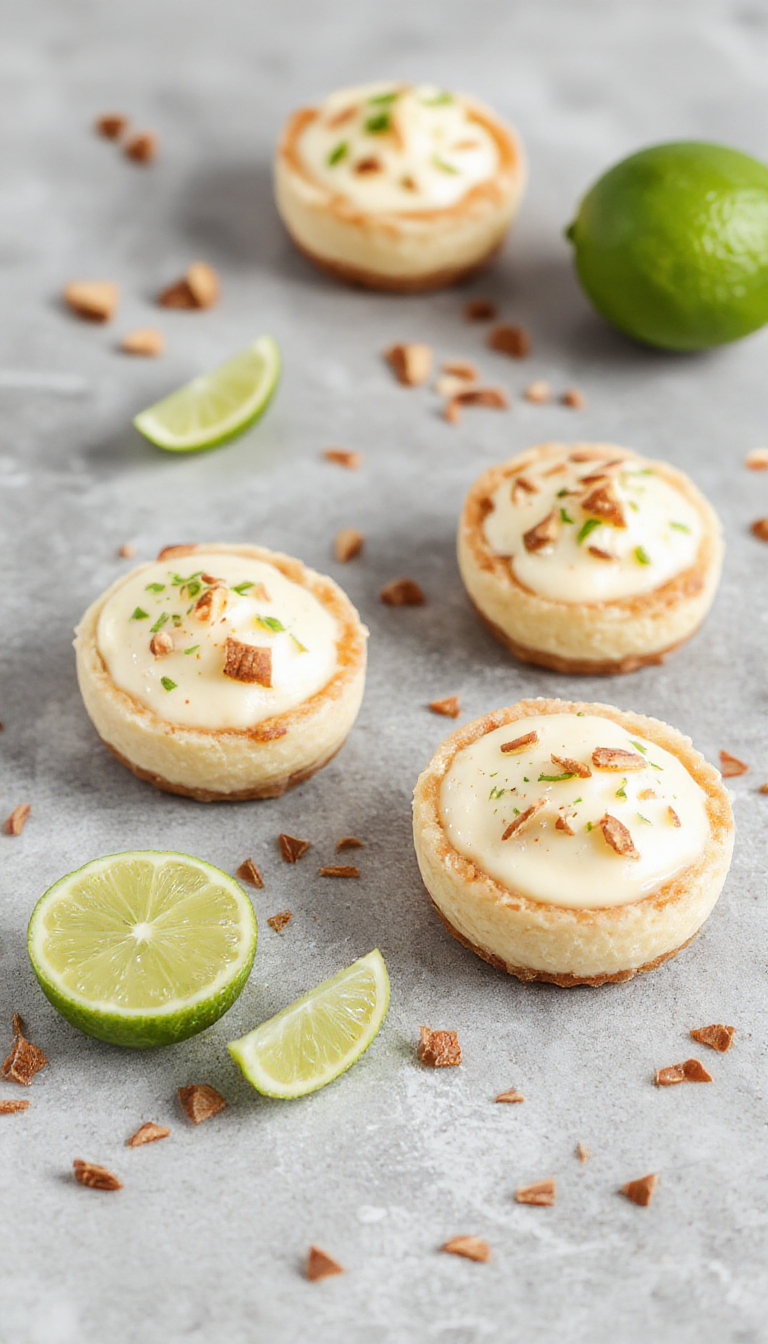 Mini no-bake key lime pies on a decorative plate, topped with lime slices and whipped cream, perfect for summer gatherings
