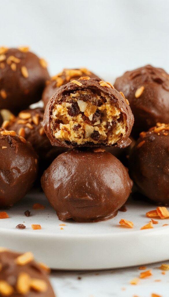 A close-up image of no-bake pumpkin Oreo truffles decorated with orange sprinkles on a rustic plate, surrounded by autumn leaves.
