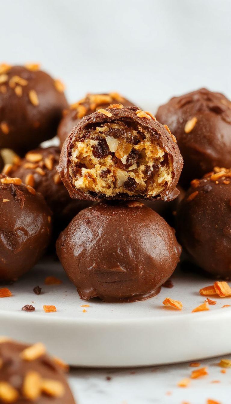 A close-up image of no-bake pumpkin Oreo truffles decorated with orange sprinkles on a rustic plate, surrounded by autumn leaves.