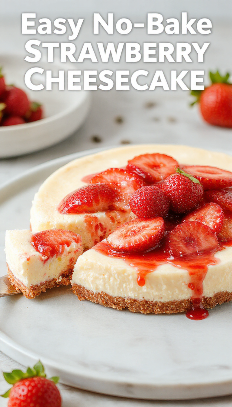 A delicious no-bake strawberry cheesecake topped with fresh strawberries and a shiny glaze, served on a white plate.
