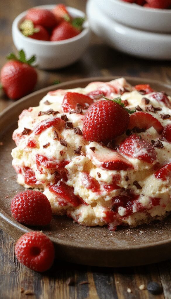 A vibrant tray of Easy Viral Strawberry Cheesecake Dump Cake topped with fresh strawberries and a dusting of powdered sugar, ready for serving.
