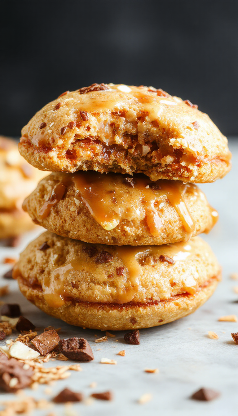 Close-up of Emma's Caramel Apple Cider Whoopie Pies with caramel drizzle and apple slices on a rustic wooden table
