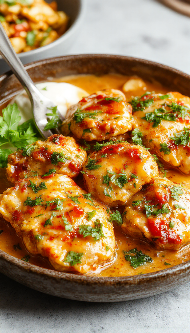A steaming bowl of Gordon Ramsay's Ultimate Creamy Chicken Tikka Masala garnished with fresh coriander and served with naan bread on the side.