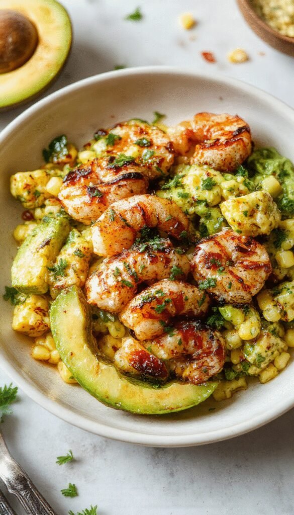 A vibrant bowl featuring grilled shrimp, sliced avocado, and a creamy corn salsa garnished with fresh herbs, perfect for summer dining.