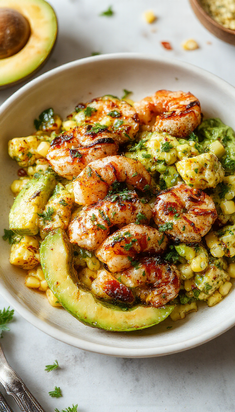 A vibrant bowl featuring grilled shrimp, sliced avocado, and a creamy corn salsa garnished with fresh herbs, perfect for summer dining.