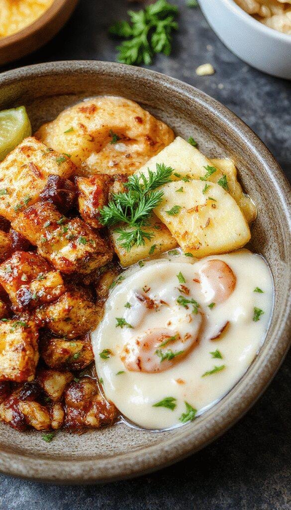 A colorful plate showcasing a healthy clean eating meal, including fresh vegetables, grilled chicken, and whole grains, garnished with herbs.
