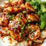 A plate of healthy sesame chicken garnished with sesame seeds and green onions, served with steamed vegetables on the side.