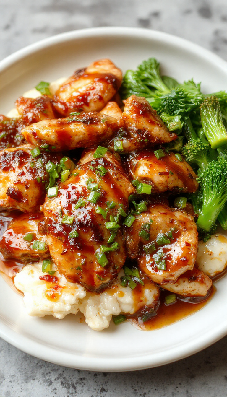 A plate of healthy sesame chicken garnished with sesame seeds and green onions, served with steamed vegetables on the side.