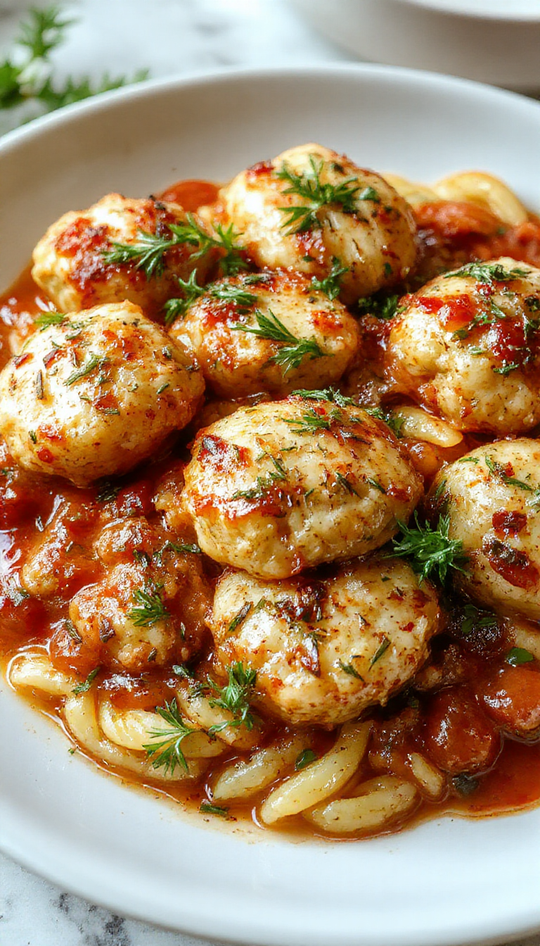 A serving of hearty baked rosemary chicken meatballs paired with vibrant tomato orzo on a rustic plate