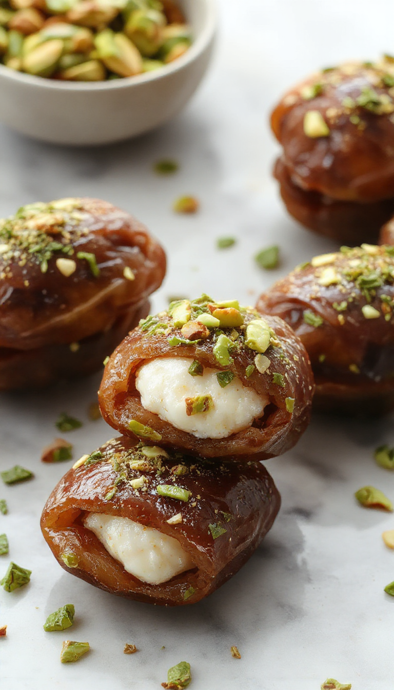 A close-up of plump dates filled with creamy ricotta cheese, topped with chopped pistachios and drizzled with honey, arranged on a white plate.