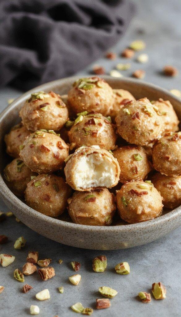 A close-up of No-Bake Ricotta Pistachio Honey Bites arranged on a white plate, showcasing their creamy texture and crushed pistachio topping.