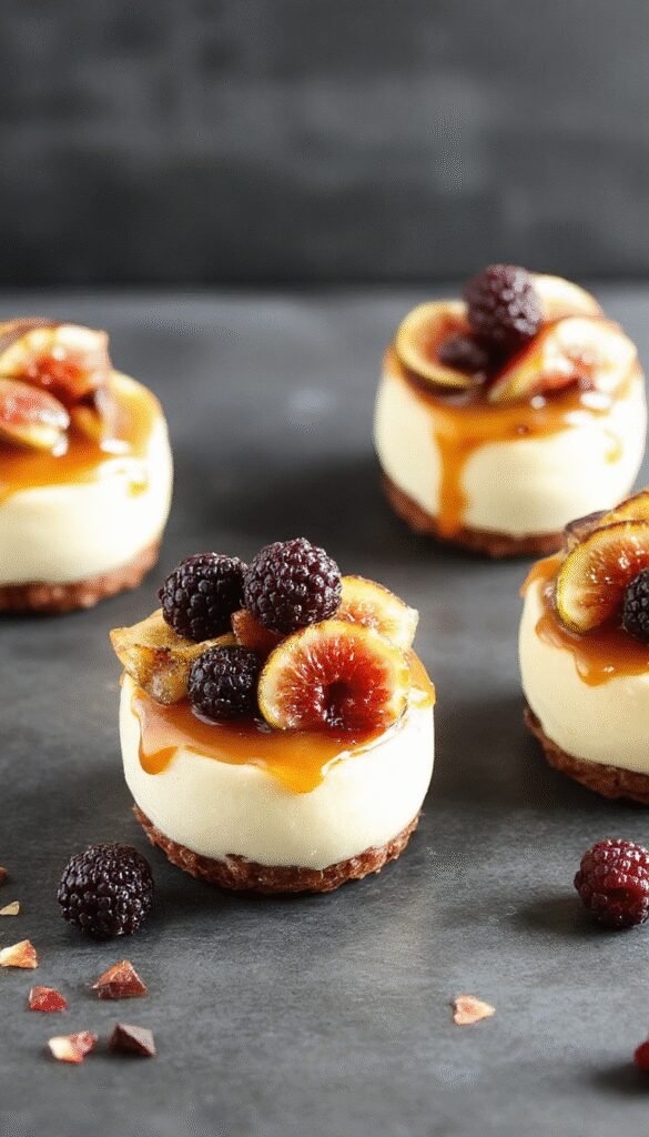 Delicious No-Bake Mikado Mini Cheesecakes topped with salted caramel, fresh blackberries, and figs, served in small glass jars.