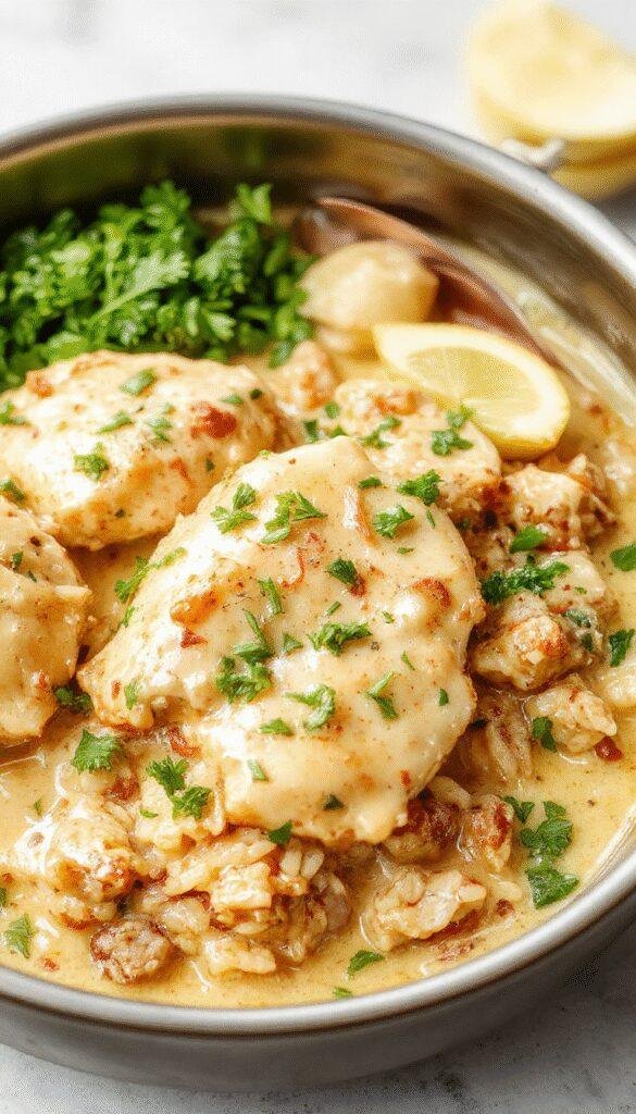A steaming sizzling skillet of creamy smothered chicken served with fluffy rice, garnished with fresh herbs and a drizzle of sauce.