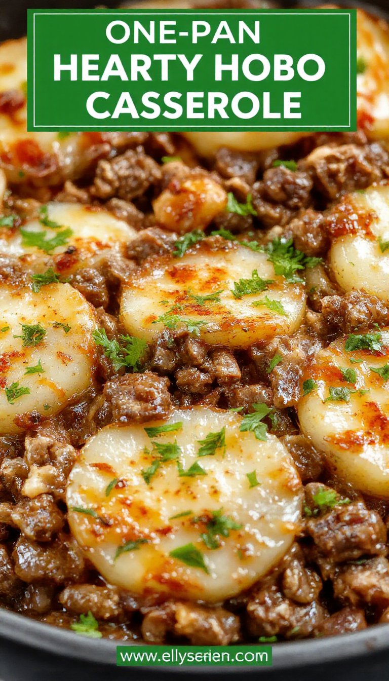A rustic one-pan hobo casserole featuring browned ground beef, sliced potatoes, vegetables, and melted cheese, all cooked together in a single skillet.