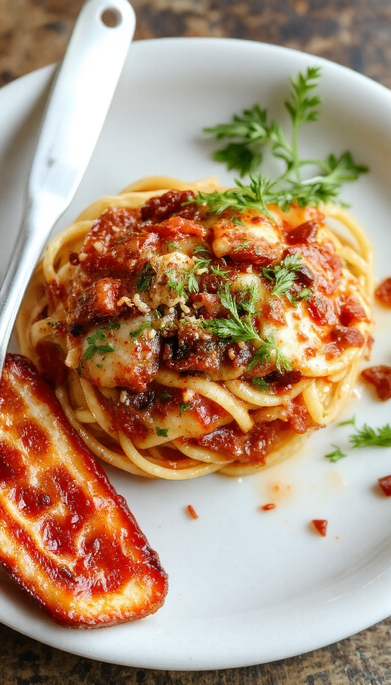 A plate of Pasta Queen's No-Cheese Assassin's Spaghetti garnished with fresh herbs, showcasing a rich, flavorful sauce without cheese.
